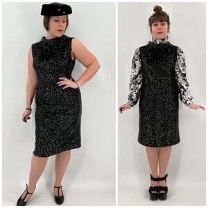 Valentina 60s Black Wool Sequin Sleeveless Shift Dress | Size L/XL